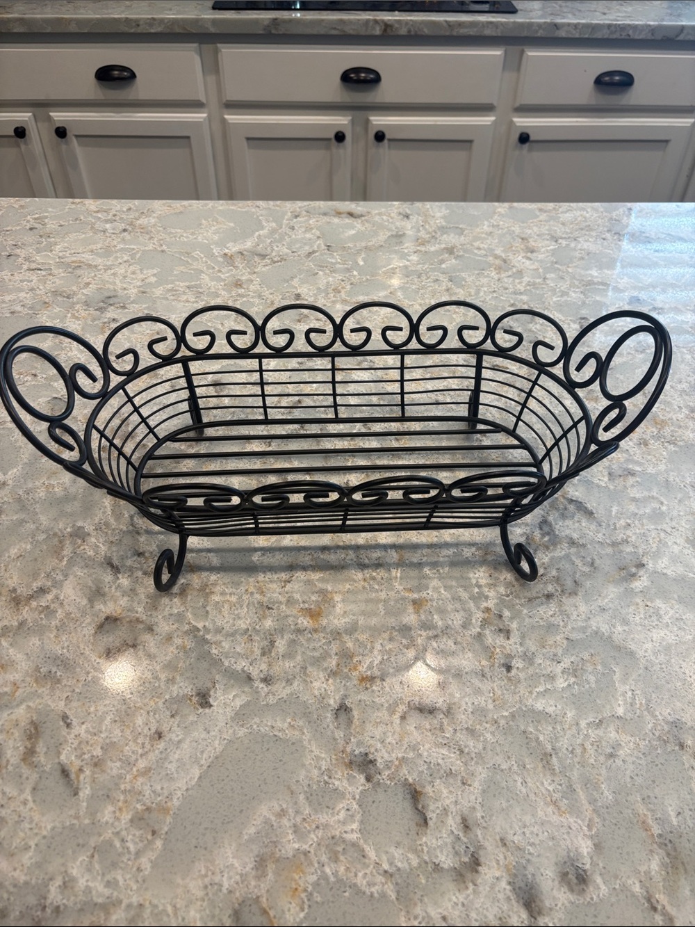 Heavy black metal fruit/bread basket 18” handle to handle